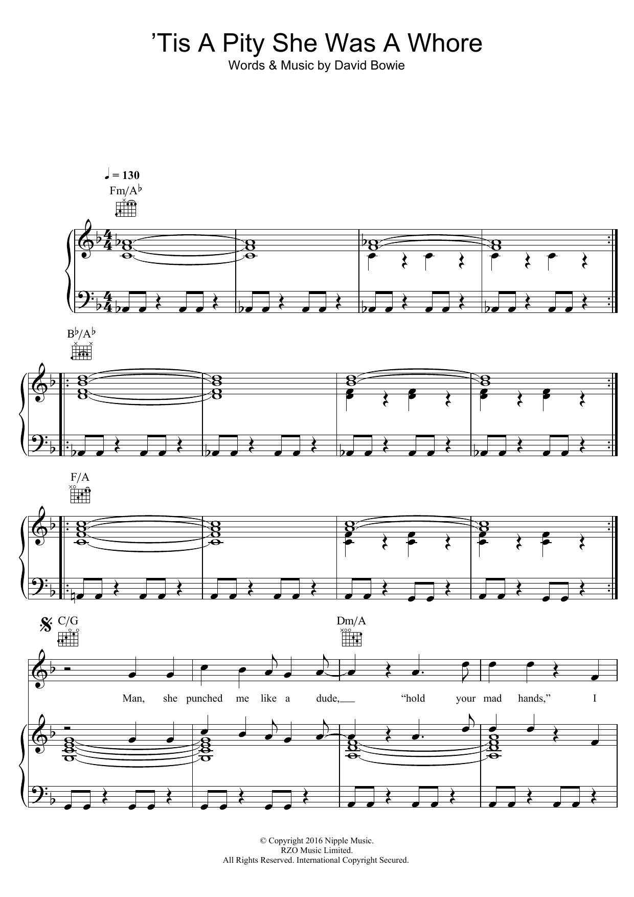 Learn to play David Bowie 'Tis A Pity She Was A Whore sheet music for Piano, Vocal & Guitar Chords in minutes. Price: 7.8900$ David Bowie 'Tis A Pity She Was A Whore sheet music notes and chords arranged for Piano, Vocal & Guitar Chords