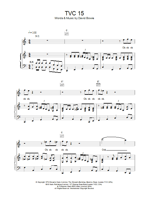 David Bowie TVC15 sheet music notes and chords arranged for Piano, Vocal & Guitar Chords