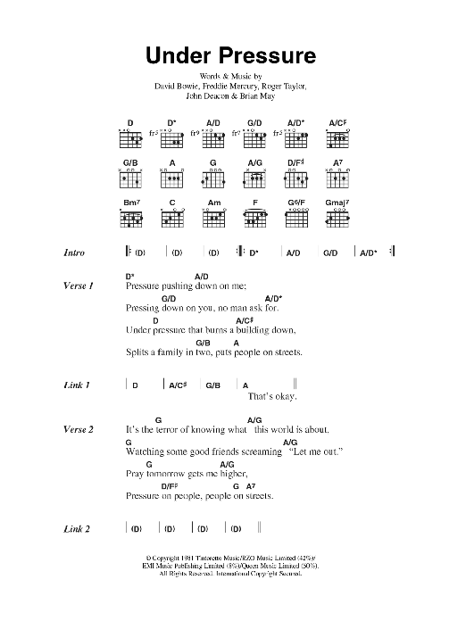 David Bowie & Queen Under Pressure sheet music notes and chords. Download Printable PDF.