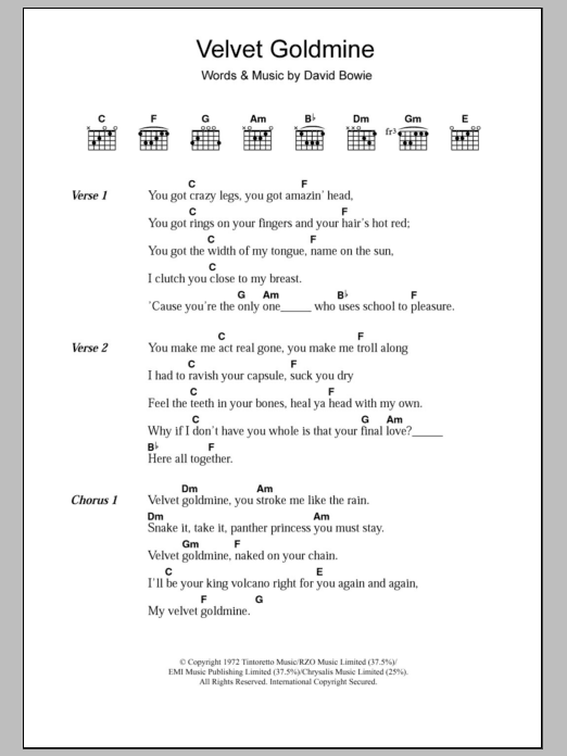 David Bowie Velvet Goldmine sheet music notes and chords. Download Printable PDF.