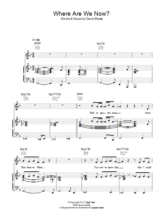 David Bowie Where Are We Now? sheet music notes and chords arranged for Piano, Vocal & Guitar Chords