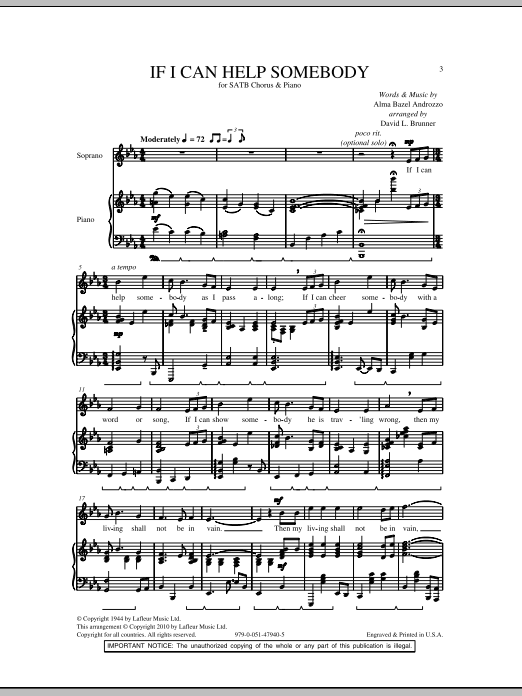 Learn to play David Brunner If I Can Help Somebody sheet music for SATB Choir in minutes. Price: 3.9900$ David Brunner If I Can Help Somebody sheet music notes and chords arranged for SATB Choir