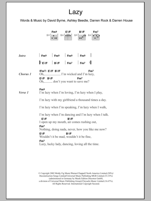 David Byrne Lazy sheet music notes and chords. Download Printable PDF.