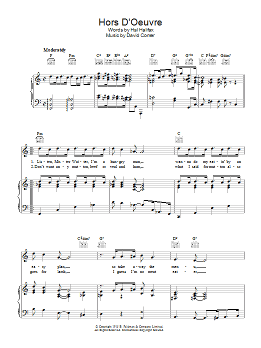 Learn to play David Comer Hors D'Oeuvre sheet music for Piano, Vocal & Guitar Chords in minutes. Price: 7.8900$ David Comer Hors D'Oeuvre sheet music notes and chords arranged for Piano, Vocal & Guitar Chords