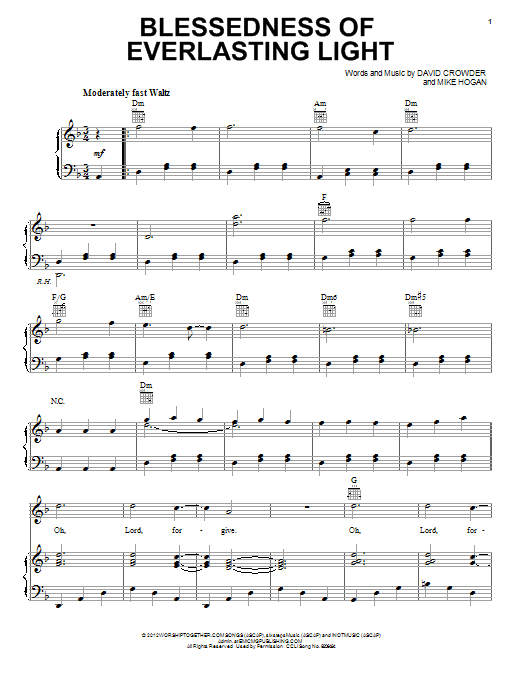 Learn to play David Crowder Band Blessedness Of Everlasting Light sheet music for Piano, Vocal & Guitar Chords (Right-Hand Melody) in minutes. Price: 7.8900$ David Crowder Band Blessedness Of Everlasting Light sheet music notes and chords arranged for Piano, Vocal & Guitar Chords (Right-Hand Melody)