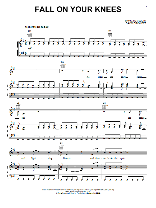 Learn to play David Crowder Band Fall On Your Knees sheet music for Piano, Vocal & Guitar Chords (Right-Hand Melody) in minutes. Price: 7.8900$ David Crowder Band Fall On Your Knees sheet music notes and chords arranged for Piano, Vocal & Guitar Chords (Right-Hand Melody)