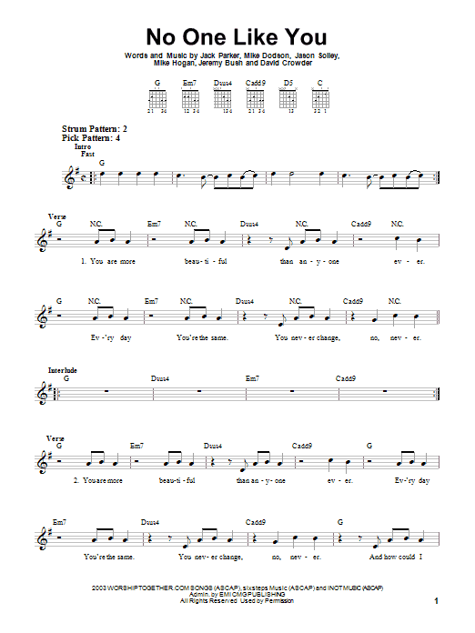 David Crowder Band No One Like You sheet music notes and chords. Download Printable PDF.