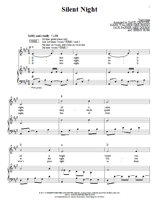 Learn to play David Crowder Band Silent Night sheet music for Piano, Vocal & Guitar Chords (Right-Hand Melody) in minutes. Price: 7.8900$ David Crowder Band Silent Night sheet music notes and chords arranged for Piano, Vocal & Guitar Chords (Right-Hand Melody)