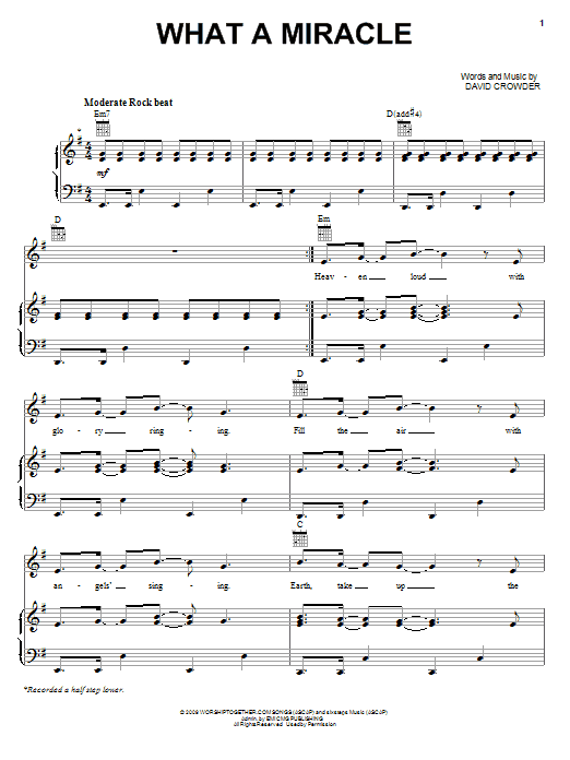 Learn to play David Crowder Band What A Miracle sheet music for Piano, Vocal & Guitar Chords (Right-Hand Melody) in minutes. Price: 7.8900$ David Crowder Band What A Miracle sheet music notes and chords arranged for Piano, Vocal & Guitar Chords (Right-Hand Melody)