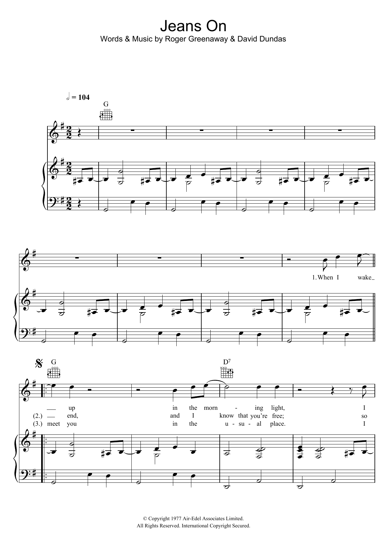 Learn to play David Dundas Jeans On sheet music for Piano, Vocal & Guitar Chords in minutes. Price: 7.8900$ David Dundas Jeans On sheet music notes and chords arranged for Piano, Vocal & Guitar Chords