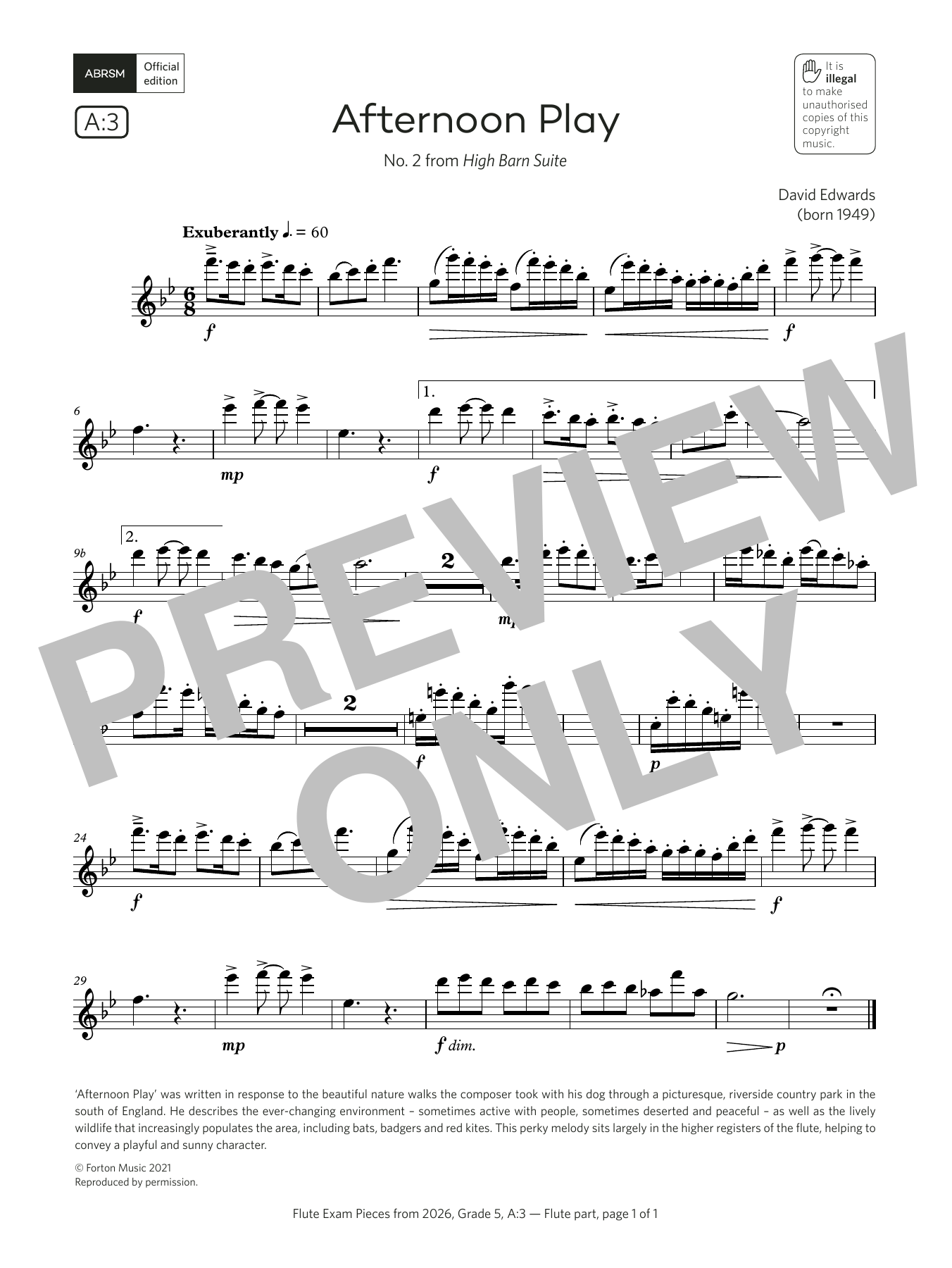 Learn to play David Edwards Afternoon Play (Grade 5, list A3, from the ABRSM Flute Syllabus from 2026) sheet music for Flute Solo in minutes. Price: 5.9900$ David Edwards Afternoon Play (Grade 5, list A3, from the ABRSM Flute Syllabus from 2026) sheet music notes and chords arranged for Flute Solo
