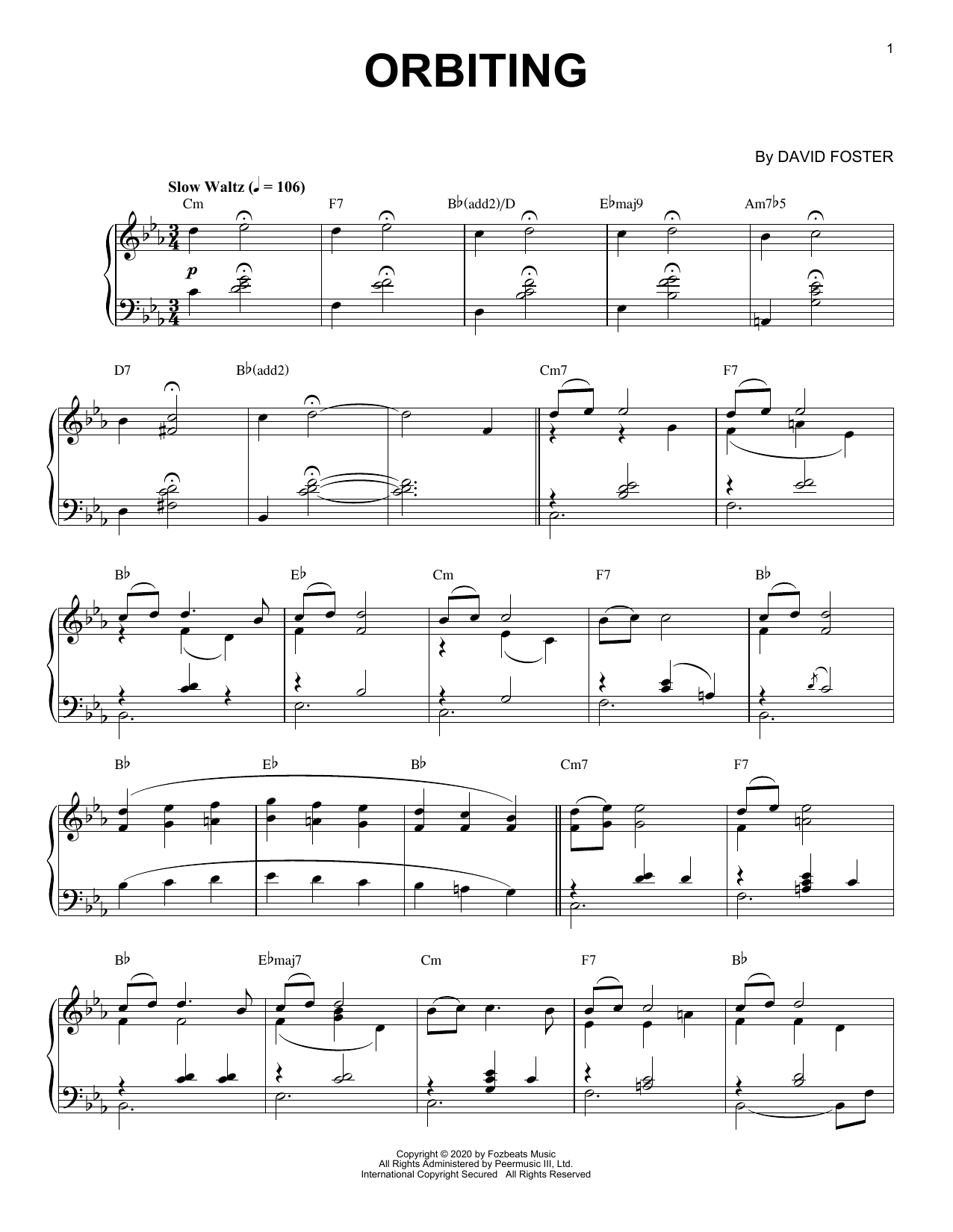 David Foster Orbiting sheet music notes and chords. Download Printable PDF.