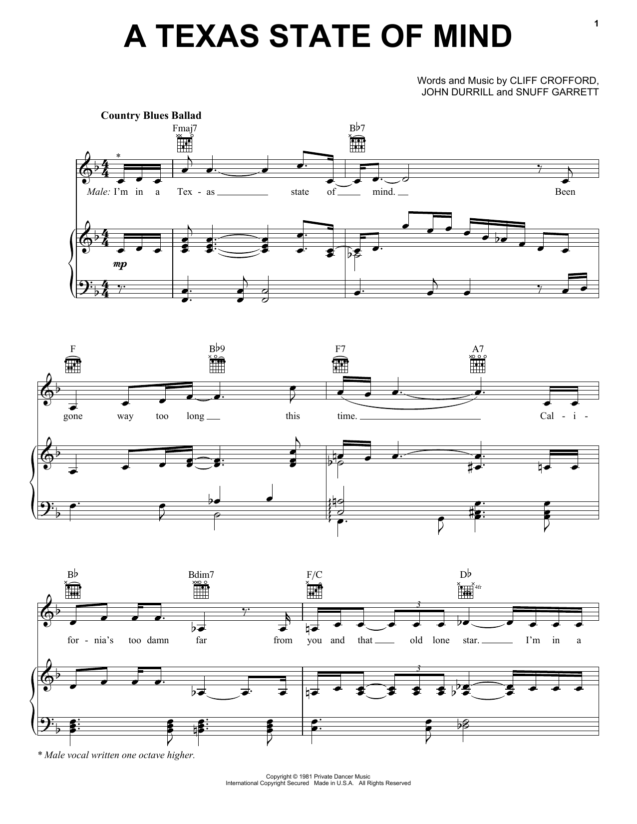 David Frizzell and Shelly West A Texas State Of Mind sheet music notes and chords. Download Printable PDF.