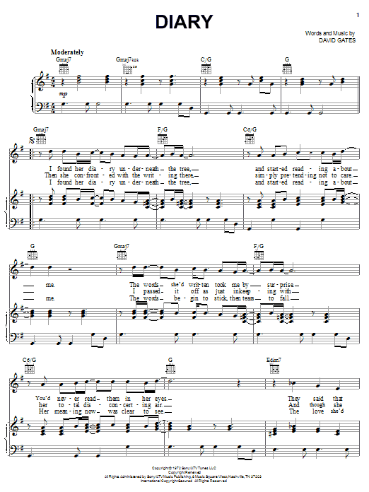 David Gates Diary sheet music notes and chords arranged for Piano, Vocal & Guitar Chords (Right-Hand Melody)