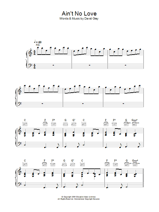 David Gray Ain't No Love sheet music notes and chords. Download Printable PDF.