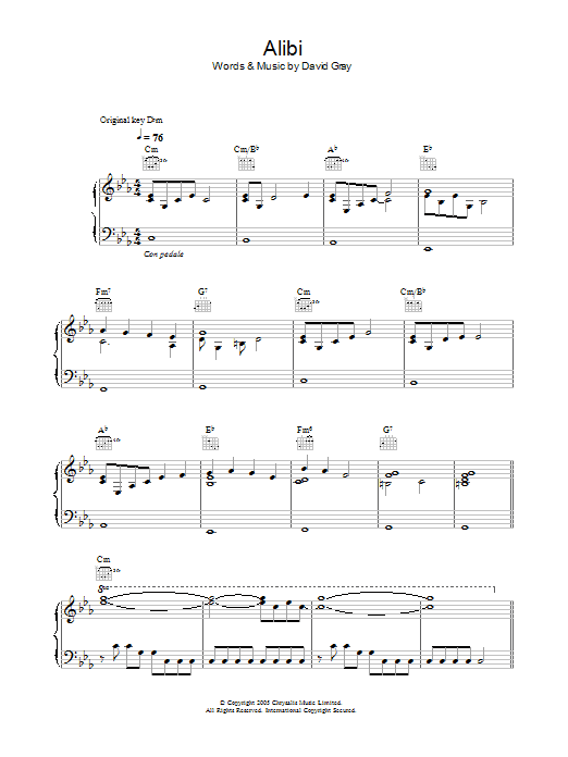 Learn to play David Gray Alibi sheet music for Piano, Vocal & Guitar Chords in minutes. Price: 7.8900$ David Gray Alibi sheet music notes and chords arranged for Piano, Vocal & Guitar Chords