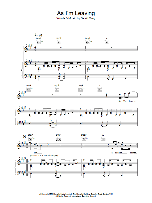 David Gray As I'm Leaving sheet music notes and chords arranged for Piano, Vocal & Guitar Chords