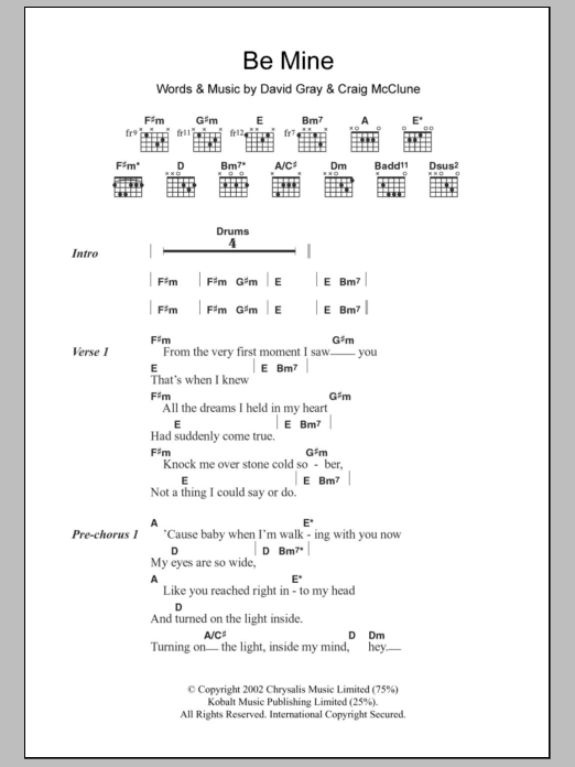 David Gray Be Mine sheet music notes and chords arranged for Piano, Vocal & Guitar Chords