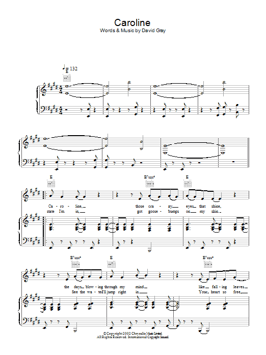 David Gray Caroline sheet music notes and chords arranged for Piano, Vocal & Guitar Chords