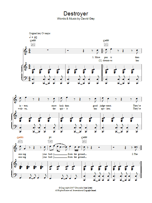 David Gray Destroyer sheet music notes and chords arranged for Piano, Vocal & Guitar Chords