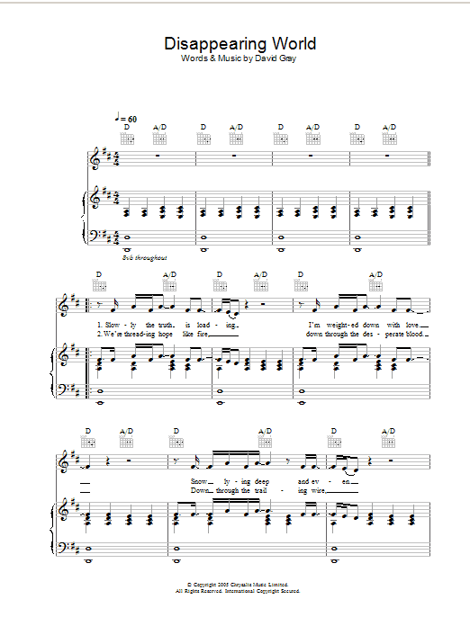 Learn to play David Gray Disappearing World sheet music for Piano, Vocal & Guitar Chords in minutes. Price: 7.8900$ David Gray Disappearing World sheet music notes and chords arranged for Piano, Vocal & Guitar Chords