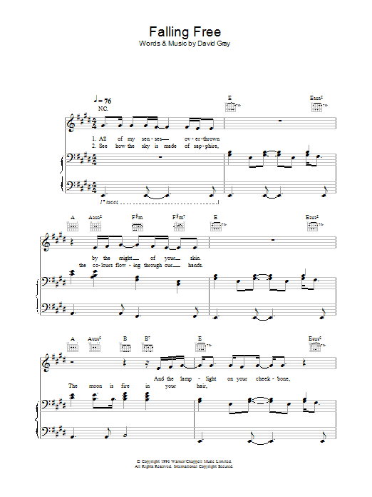 Learn to play David Gray Falling Free sheet music for Piano, Vocal & Guitar Chords in minutes. Price: 7.8900$ David Gray Falling Free sheet music notes and chords arranged for Piano, Vocal & Guitar Chords