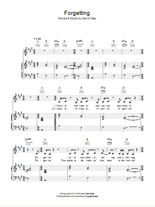 Learn to play David Gray Forgetting sheet music for Piano, Vocal & Guitar Chords in minutes. Price: 7.8900$ David Gray Forgetting sheet music notes and chords arranged for Piano, Vocal & Guitar Chords