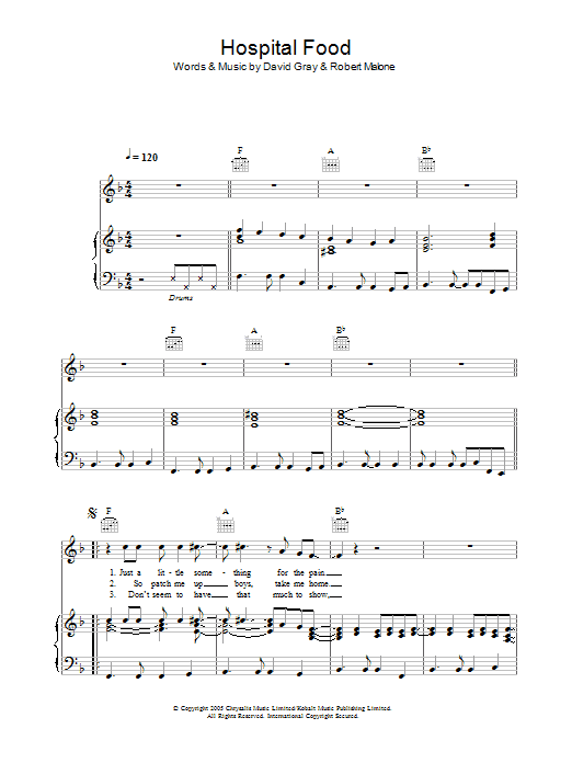 Learn to play David Gray Hospital Food sheet music for Piano, Vocal & Guitar Chords in minutes. Price: 7.8900$ David Gray Hospital Food sheet music notes and chords arranged for Piano, Vocal & Guitar Chords