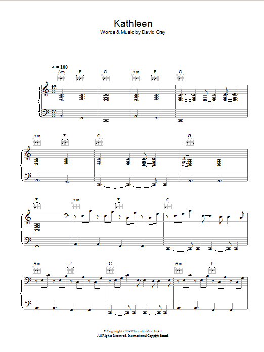 Learn to play David Gray Kathleen sheet music for Piano, Vocal & Guitar Chords in minutes. Price: 7.8900$ David Gray Kathleen sheet music notes and chords arranged for Piano, Vocal & Guitar Chords