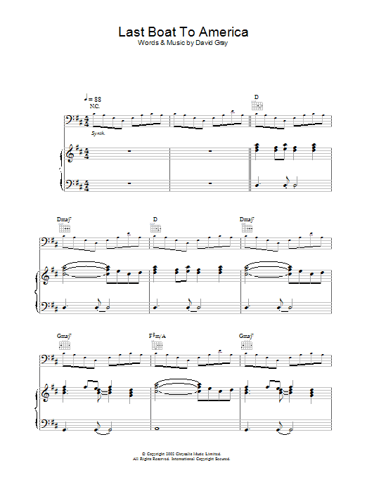 David Gray Last Boat To America sheet music notes and chords. Download Printable PDF.