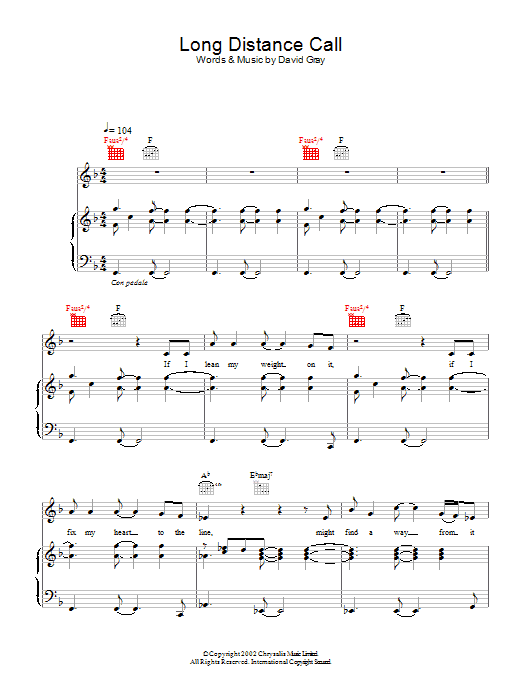 Learn to play David Gray Long Distance Call sheet music for Piano, Vocal & Guitar Chords in minutes. Price: 7.8900$ David Gray Long Distance Call sheet music notes and chords arranged for Piano, Vocal & Guitar Chords