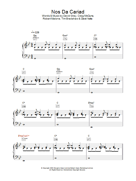 Learn to play David Gray Nos Da Cariad sheet music for Piano, Vocal & Guitar Chords in minutes. Price: 7.8900$ David Gray Nos Da Cariad sheet music notes and chords arranged for Piano, Vocal & Guitar Chords