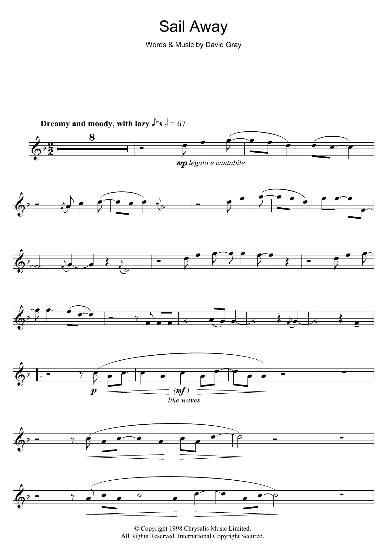 David Gray Sail Away sheet music notes and chords arranged for Flute Solo