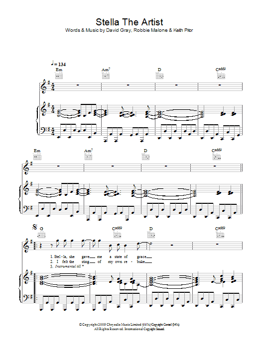 David Gray Stella The Artist sheet music notes and chords arranged for Piano, Vocal & Guitar Chords