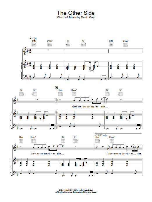 Learn to play David Gray The Other Side sheet music for Guitar Tab in minutes. Price: 7.8900$ David Gray The Other Side sheet music notes and chords arranged for Guitar Tab