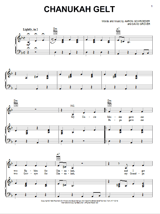 Learn to play David Grover & The Big Bear Band Chanukah Gelt sheet music for Piano, Vocal & Guitar Chords (Right-Hand Melody) in minutes. Price: 7.8900$ David Grover & The Big Bear Band Chanukah Gelt sheet music notes and chords arranged for Piano, Vocal & Guitar Chords (Right-Hand Melody)