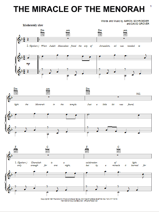 Learn to play David Grover & The Big Bear Band The Miracle Of The Menorah sheet music for Piano, Vocal & Guitar Chords (Right-Hand Melody) in minutes. Price: 7.8900$ David Grover & The Big Bear Band The Miracle Of The Menorah sheet music notes and chords arranged for Piano, Vocal & Guitar Chords (Right-Hand Melody)