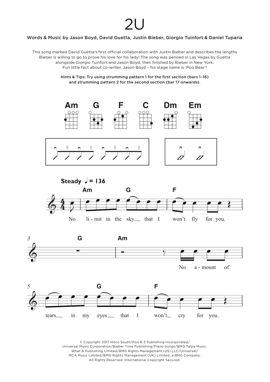 Learn to play David Guetta 2U sheet music for Beginner Ukulele in minutes. Price: 5.9900$ David Guetta 2U sheet music notes and chords arranged for Beginner Ukulele