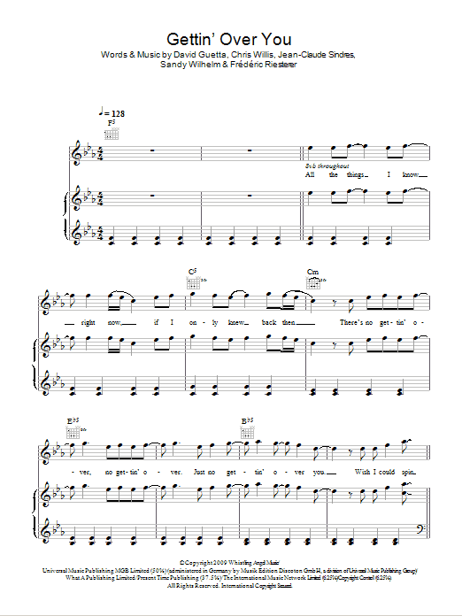 David Guetta & Chris Willis Gettin' Over You (feat. Fergie & LMFAO) sheet music notes and chords arranged for Piano, Vocal & Guitar Chords