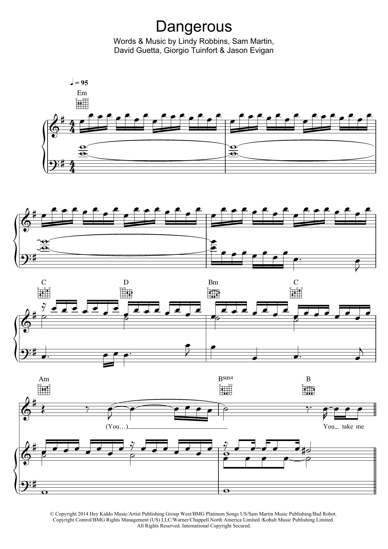 Learn to play David Guetta Dangerous (feat. Sam Martin) sheet music for Piano, Vocal & Guitar Chords in minutes. Price: 7.8900$ David Guetta Dangerous (feat. Sam Martin) sheet music notes and chords arranged for Piano, Vocal & Guitar Chords