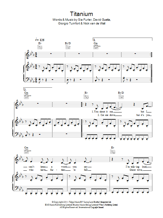 Learn to play David Guetta Titanium (feat. Sia) sheet music for Piano, Vocal & Guitar Chords in minutes. Price: 7.8900$ David Guetta Titanium (feat. Sia) sheet music notes and chords arranged for Piano, Vocal & Guitar Chords