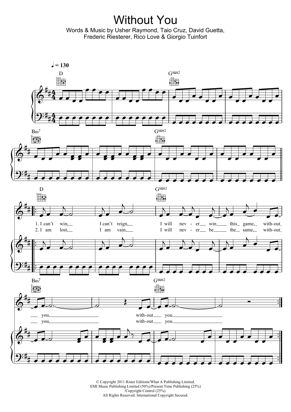 David Guetta Without You (feat. Usher) sheet music notes and chords arranged for Piano, Vocal & Guitar Chords