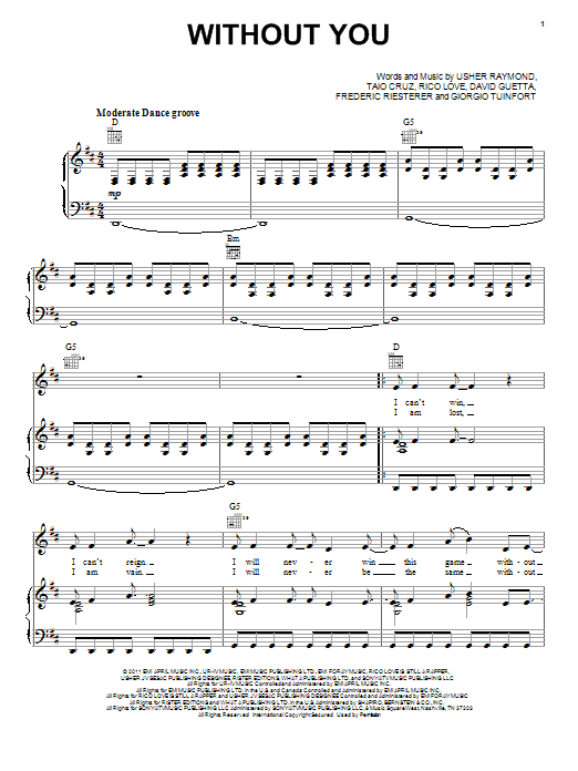 Learn to play David Guetta Without You (feat. Usher) sheet music for Piano, Vocal & Guitar Chords (Right-Hand Melody) in minutes. Price: 7.8900$ David Guetta Without You (feat. Usher) sheet music notes and chords arranged for Piano, Vocal & Guitar Chords (Right-Hand Melody)