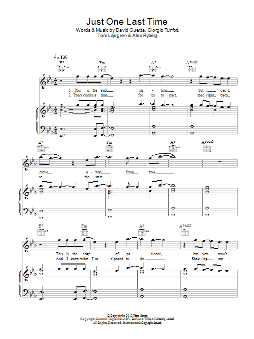 Learn to play David Guetta Just One Last Time (feat. Taped Rai) sheet music for Piano, Vocal & Guitar Chords in minutes. Price: 7.8900$ David Guetta Just One Last Time (feat. Taped Rai) sheet music notes and chords arranged for Piano, Vocal & Guitar Chords