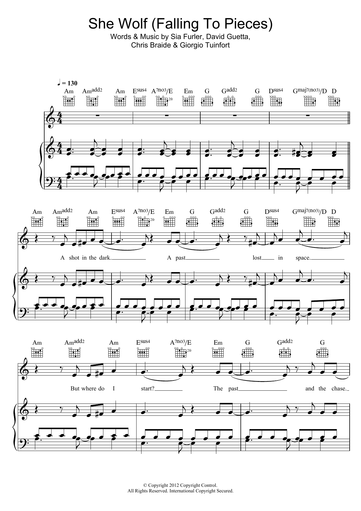 Learn to play David Guetta She Wolf (Falling To Pieces) (feat. Sia) sheet music for Piano, Vocal & Guitar Chords in minutes. Price: 7.8900$ David Guetta She Wolf (Falling To Pieces) (feat. Sia) sheet music notes and chords arranged for Piano, Vocal & Guitar Chords