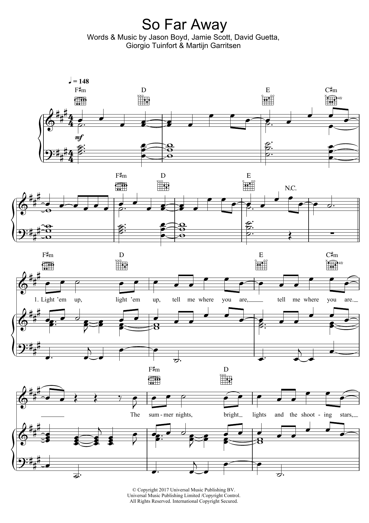 Martin Garrix & David Guetta So Far Away (feat. Jamie Scott & Romy Dya) sheet music notes and chords. Download Printable PDF.