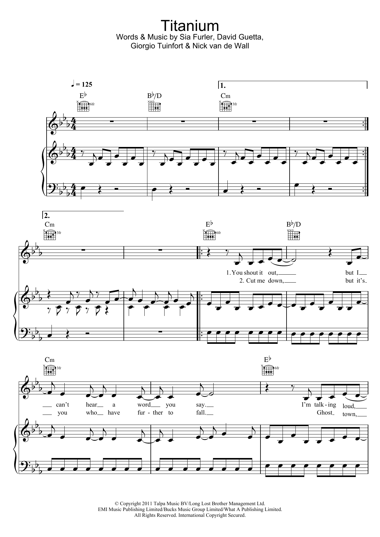 David Guetta Titanium (feat. Sia) sheet music notes and chords. Download Printable PDF.