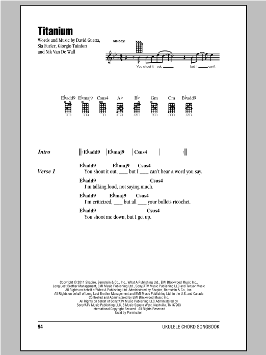 David Guetta Titanium (feat. Sia) sheet music notes and chords arranged for Ukulele Chords/Lyrics