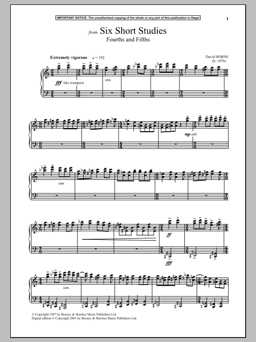 Learn to play David Horne Six Short Studies, Fourths And Fifths sheet music for Piano Solo in minutes. Price: 7.8900$ David Horne Six Short Studies, Fourths And Fifths sheet music notes and chords arranged for Piano Solo