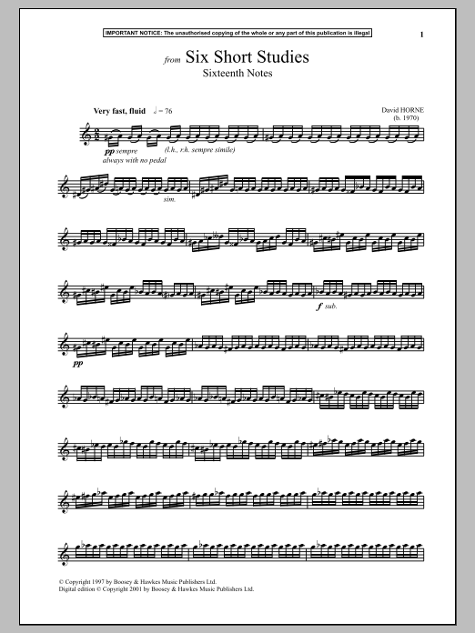 Learn to play David Horne Six Short Studies, Sixteenth Notes sheet music for Piano Solo in minutes. Price: 7.8900$ David Horne Six Short Studies, Sixteenth Notes sheet music notes and chords arranged for Piano Solo